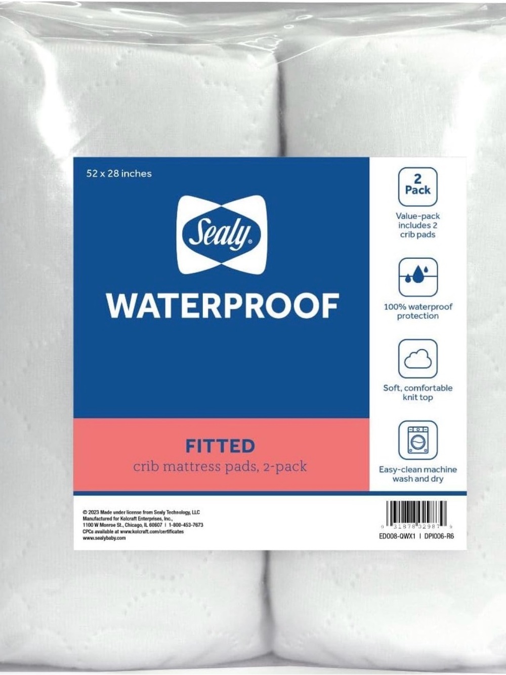 Sealy Waterproof Fitted Crib Mattress Pads - White